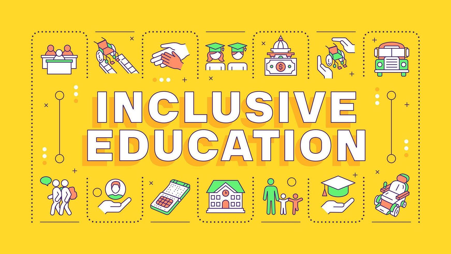 Inclusive education yellow word concept. School inclusion, equality. Disability acceptance. Typography banner. Illustrationwith title text, editable icons color vector