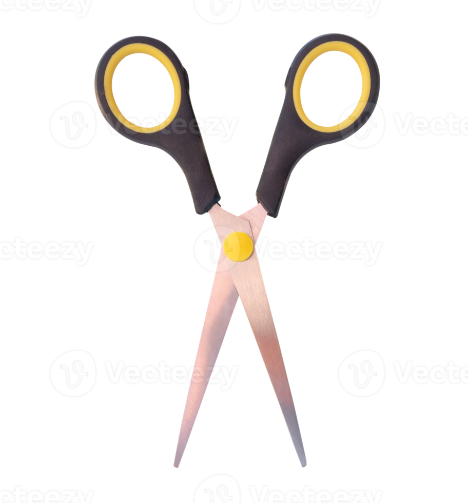 Top view of a pair of small multipurpose scissors with black handle isolated with clipping path in file format png