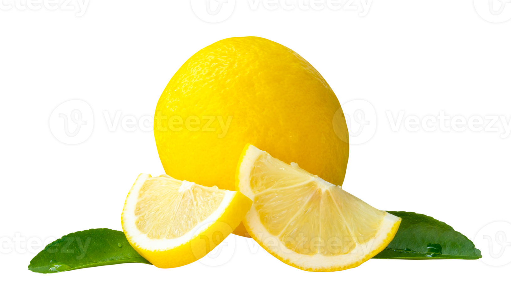 Front view of yellow lemon with slices or quarters and green leaves in stack isolated with clipping path in file format png