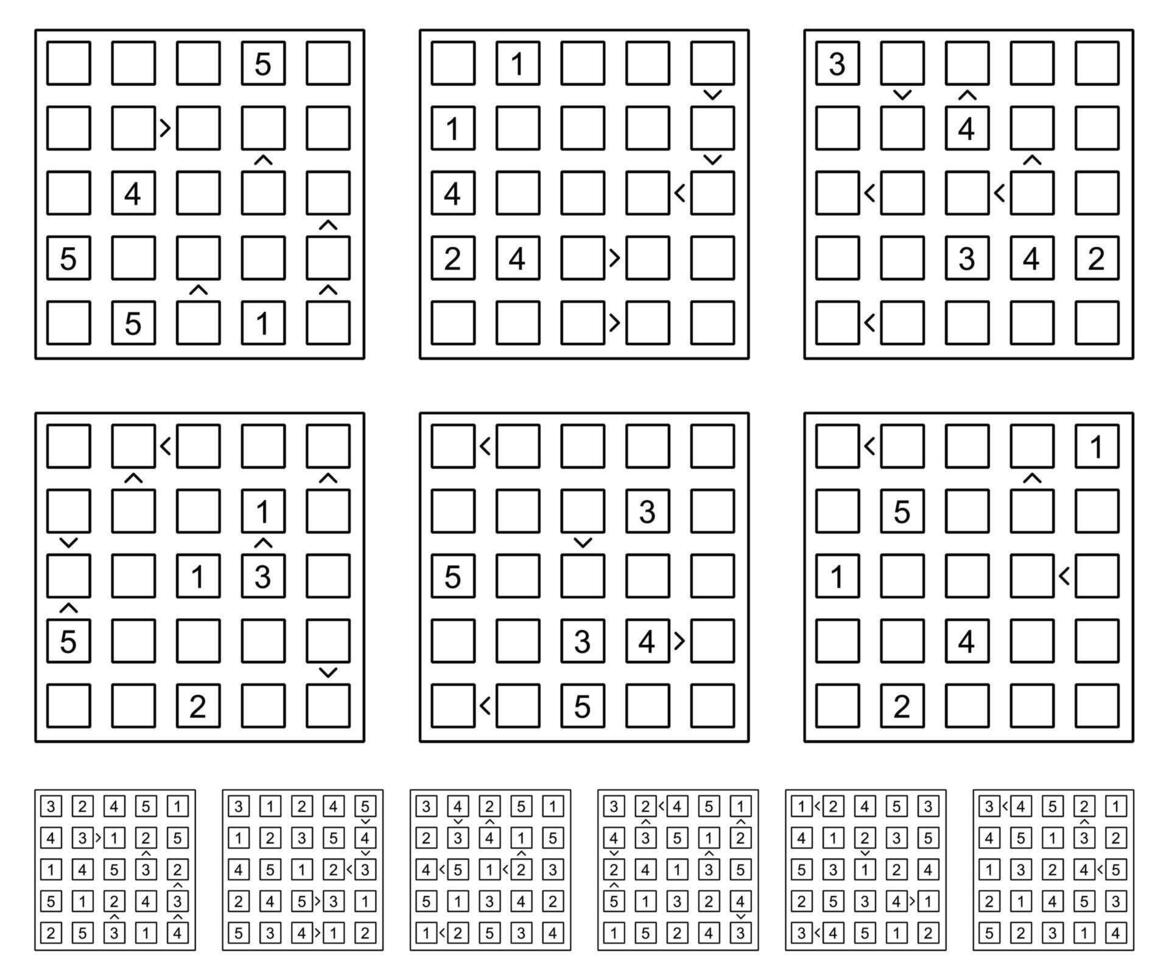 Futoshiki 5x5 puzzle set with solutions Futoshiki, or More or Less, is a logic puzzle game from Japan. vector