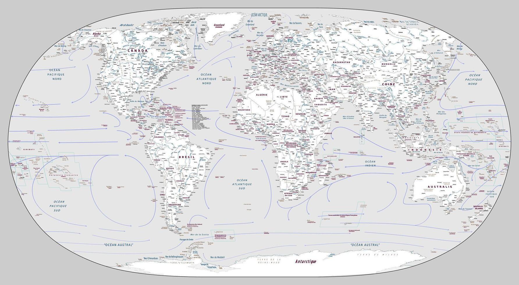 Political world map outline French language Natural Earth projection vector