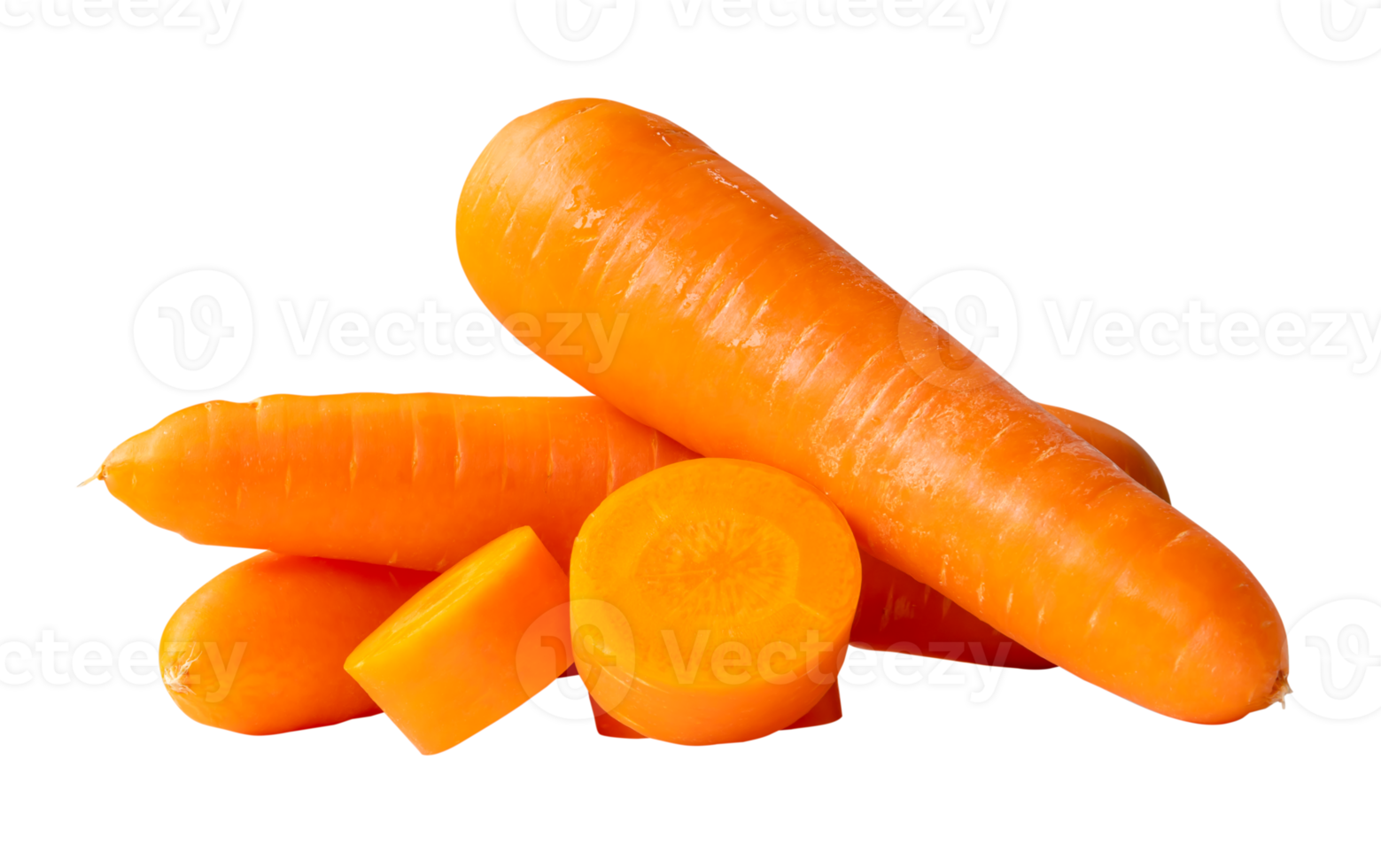 Front view and side view of fresh beautiful orange carrots with slices or pieces in stack isolated with clipping path in file format png