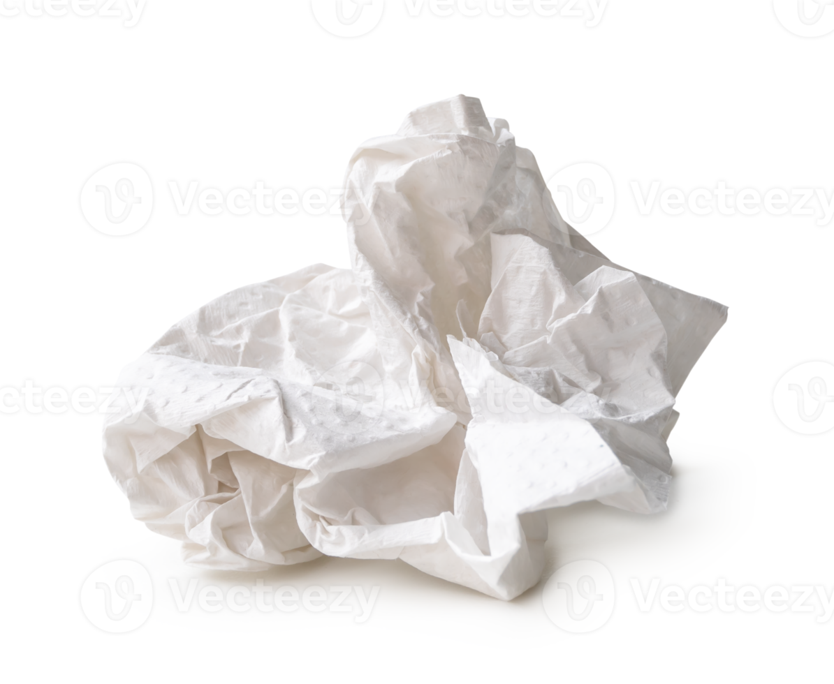 Front view of white screwed or crumpled tissue paper ball after use in toilet or restroom isolated with clipping path and shadow in file format png