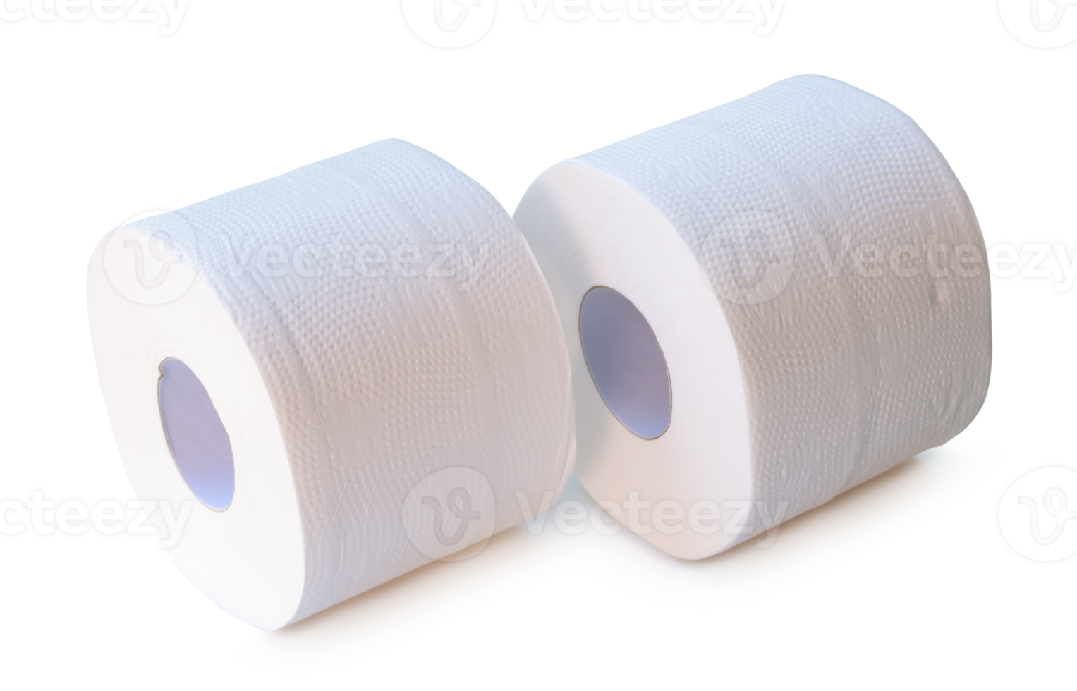 Top view of white tissue paper rolls in stack isolated with clipping path and shadow in file format png