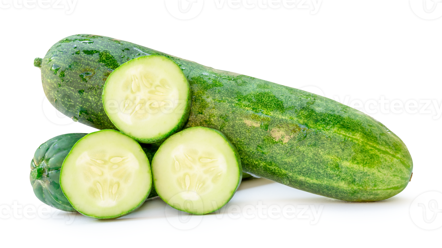 Front view or side view of fresh green cucumber with slices or pieces in stack isolated with clipping path and shadow in file format png