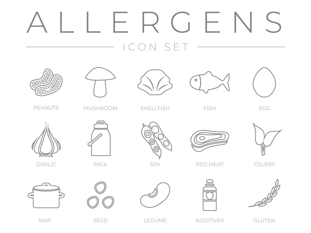 Allergens Outline Icon Set. Peanuts, Mushroom, Shellfish, Fish, Egg, Garlic, Milk, Soy Meat, Celery, Raw Food, Seed, Legume and Additives Gluten Allergy Icons vector