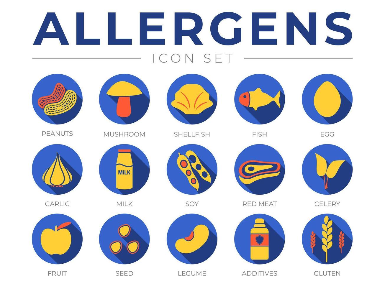 Blue Flat Allergens Icon Set. Allergens, Mushroom, Shellfish, Fish, Egg, Garlic, Milk, Soy Red Meat, Celery, Fruit, Seed, Legume and Additives Gluten Allergen Icons vector