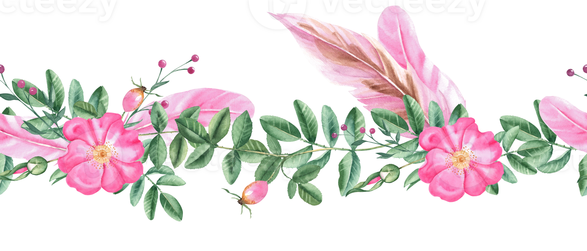Rose hip and pink feathers horizontal watercolor seamless border pattern. Hand drawn botanical illustration. Dog rose flowers, buds, branches and berries. Can be used for fabric, textile png