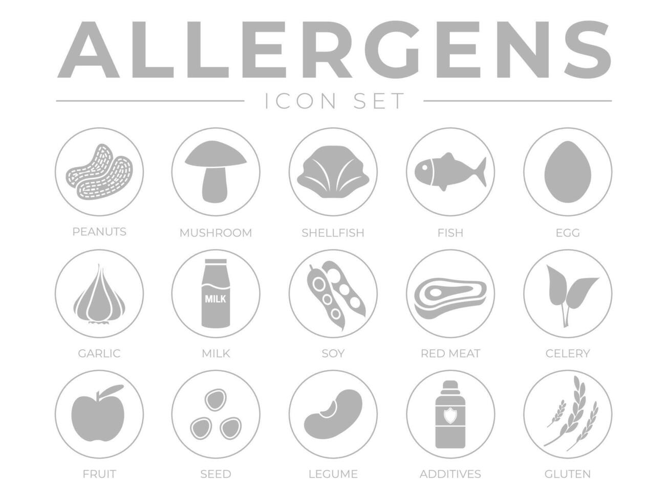Simple Allergens Icon Set. Allergens, Mushroom, Shellfish, Fish, Egg, Garlic, Milk, Soy Red Meat, Celery, Fruit, Seed, Legume and Additives Gluten Allergen Icons vector