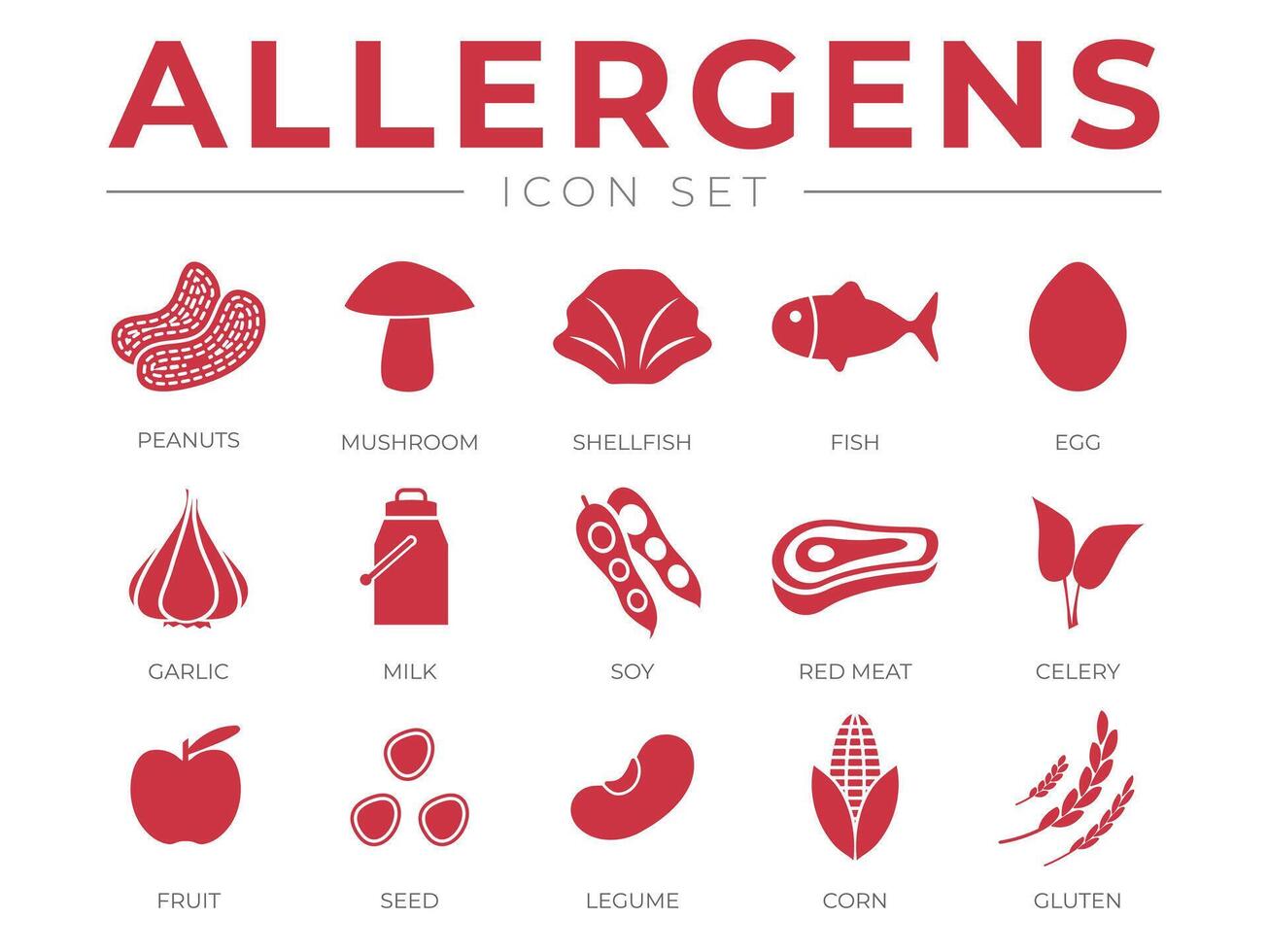 Allergens Icon Set. Peanuts, Mushroom, Shellfish, Fish, Egg, Garlic, Milk, Soy Red Meat, Celery, Fruit, Seed, Legume and Corn Gluten Allergen Icons vector
