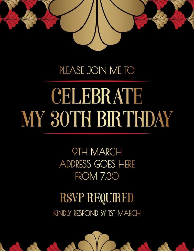 Elegant Red Gold and Black Art Deco Invitation Design vector