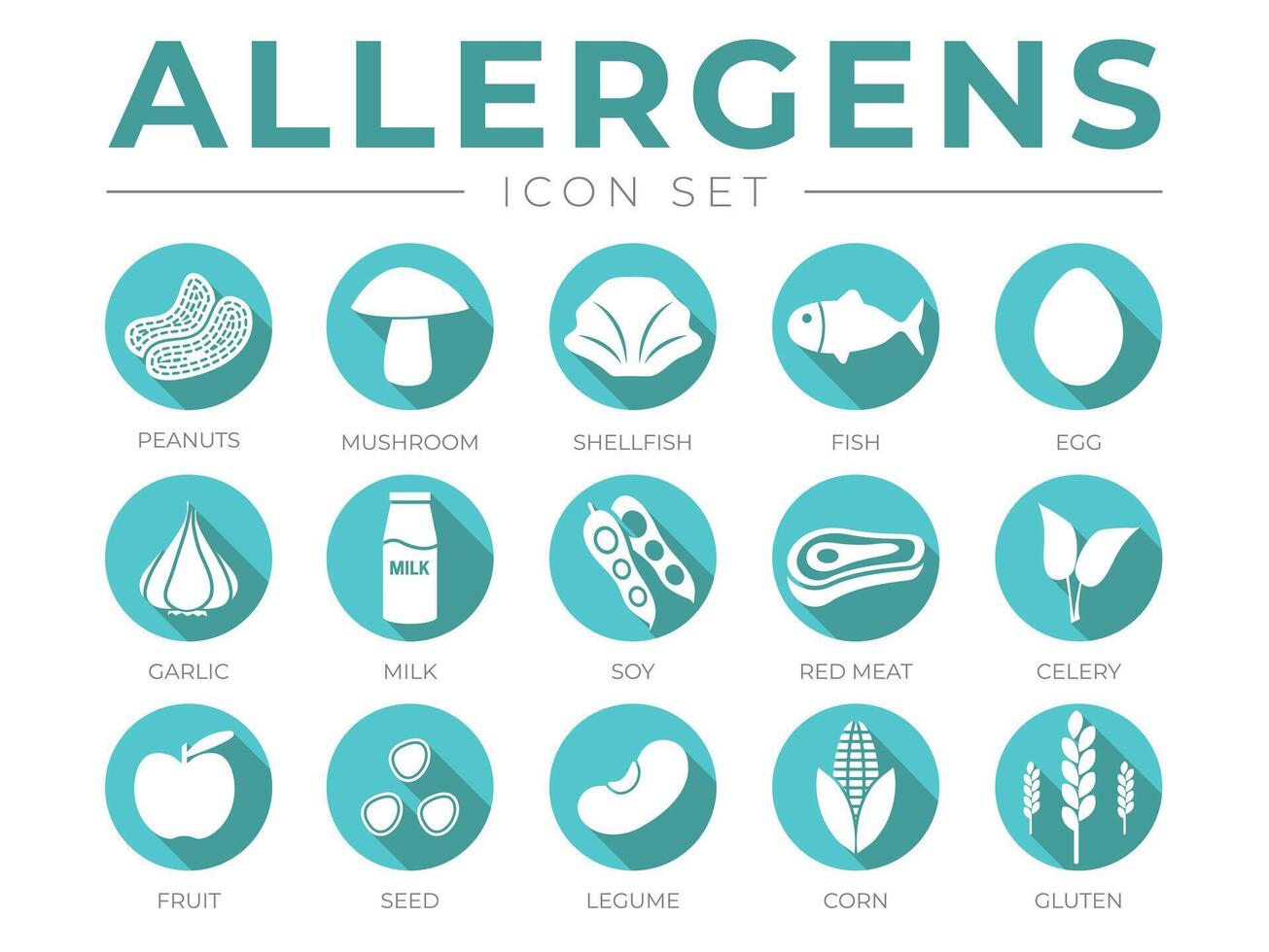 Teal Allergens Icon Set. Allergens, Mushroom, Shellfish, Fish, Egg, Garlic, Milk, Soy Red Meat, Celery, Fruit, Seed, Legume and Corn Gluten Allergen Icons vector
