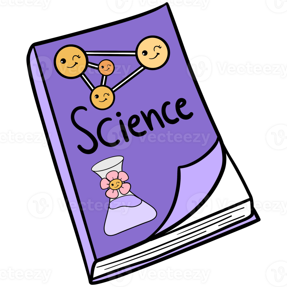 Groovy back to school clipart, Science book illustration in trendy retro y2k style. png
