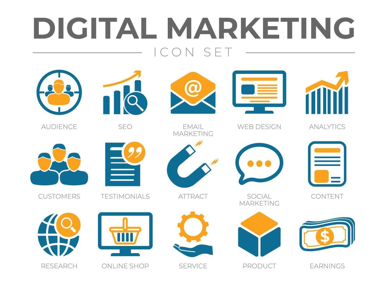 Digital Marketing Icon Set. SEO, Email Marketing, Web Design, Analytics, Audience, Customers, Testimonials, Attract, Social Marketing, etc Icons. vector