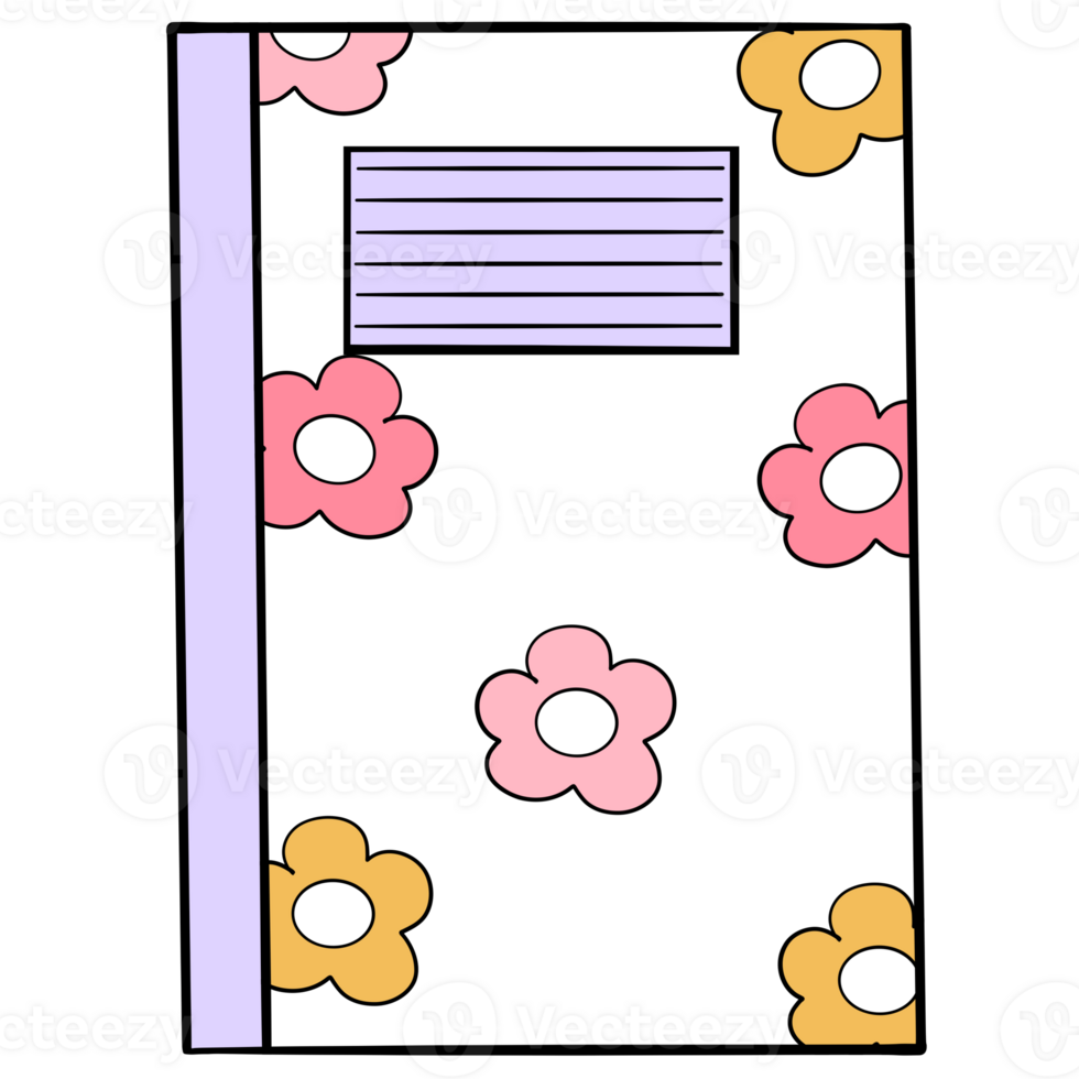Groovy daisy notebook clipart, back to school supplies illustration in trendy retro y2k style. png