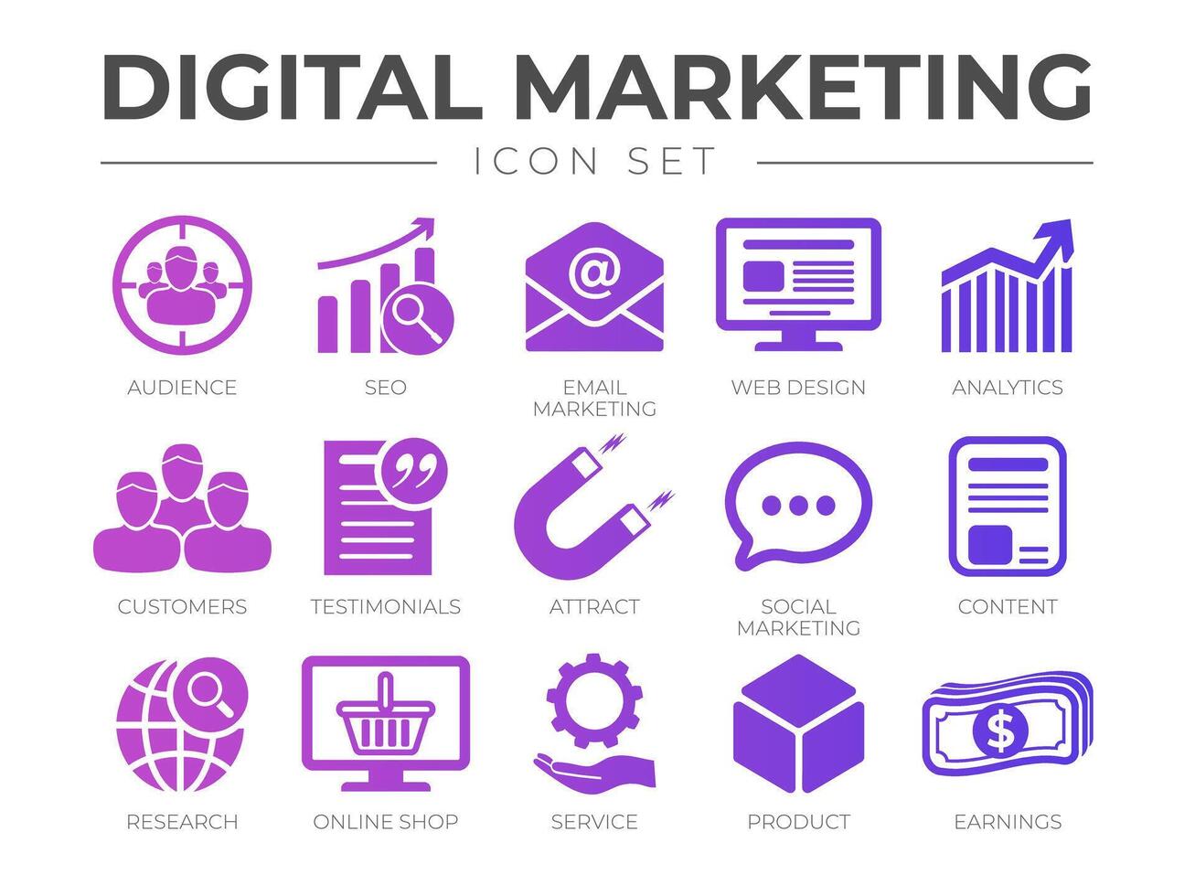 Digital Marketing Icon Set. SEO, Email Marketing, Web Design, Analytics, Audience, Customers, Testimonials, Attract, Social Marketing, etc Icons. vector