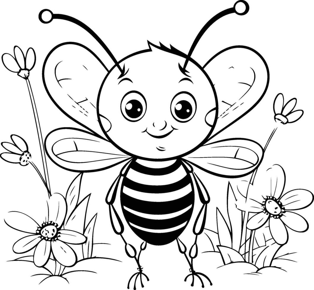 Black and white illustration of a cute bee with flowers. Coloring book for children. vector