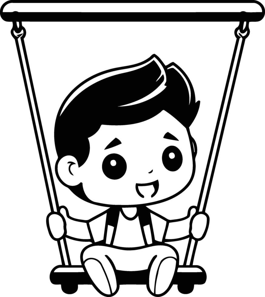 Cute boy swinging on a swing. cartoon character illustration. vector