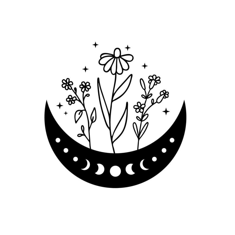 crescent moon with wildflowers and stars vector