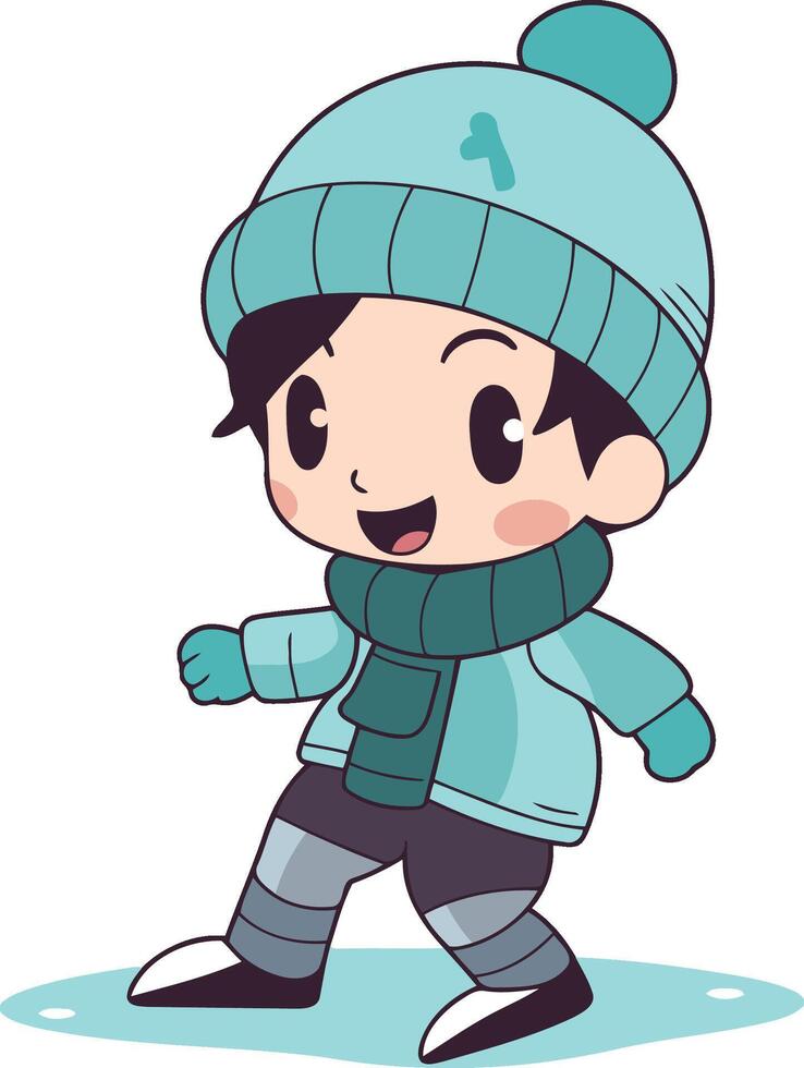 Cute cartoon boy in winter clothes playing ice skating. vector