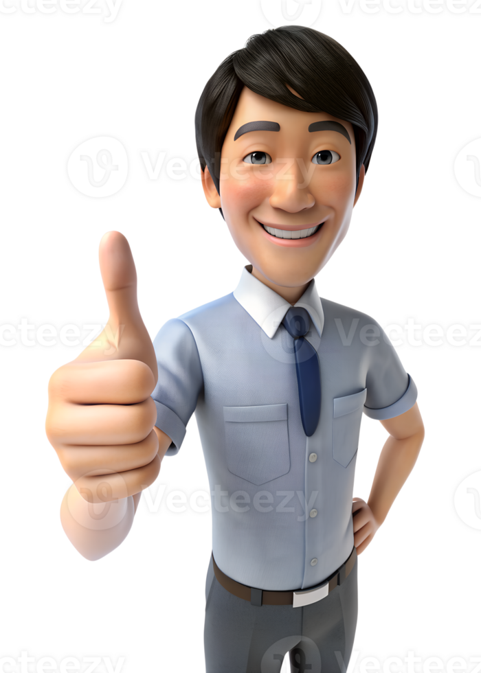 3d render of young asia man in office worker uniform with smile, he is Thumbs Up, isolated on transparent . AI-generated png