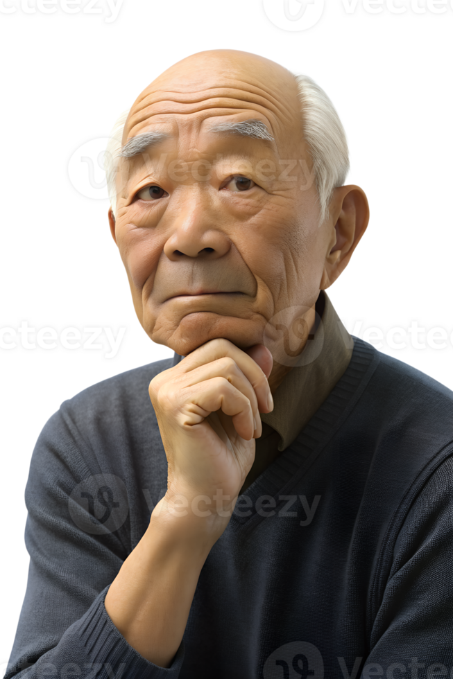 Illustration style 3d render of asian old man a thoughtful isolated on transparent background. AI-generated png