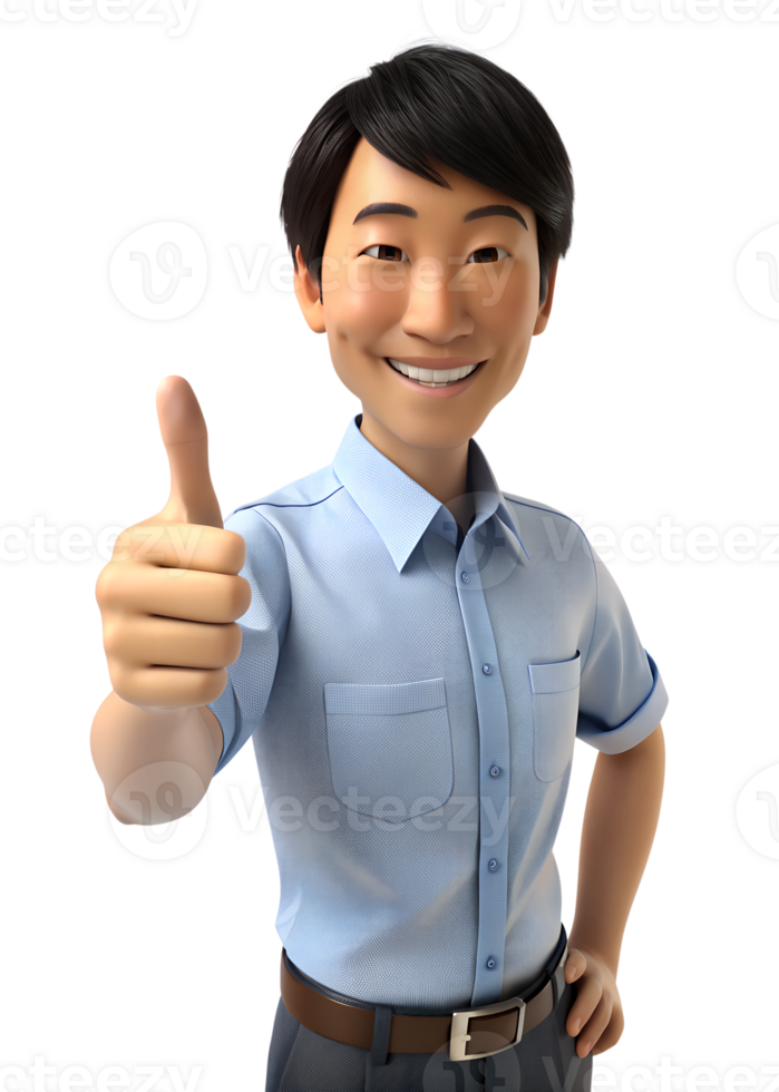 3d render of young asia man in office worker uniform with smile, he is Thumbs Up, isolated on transparent . AI-generated png