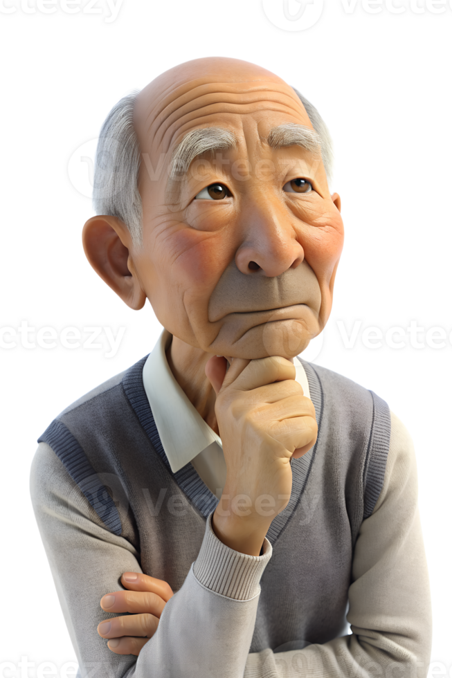 Illustration style 3d render of asian old man a thoughtful isolated on transparent background. AI-generated png