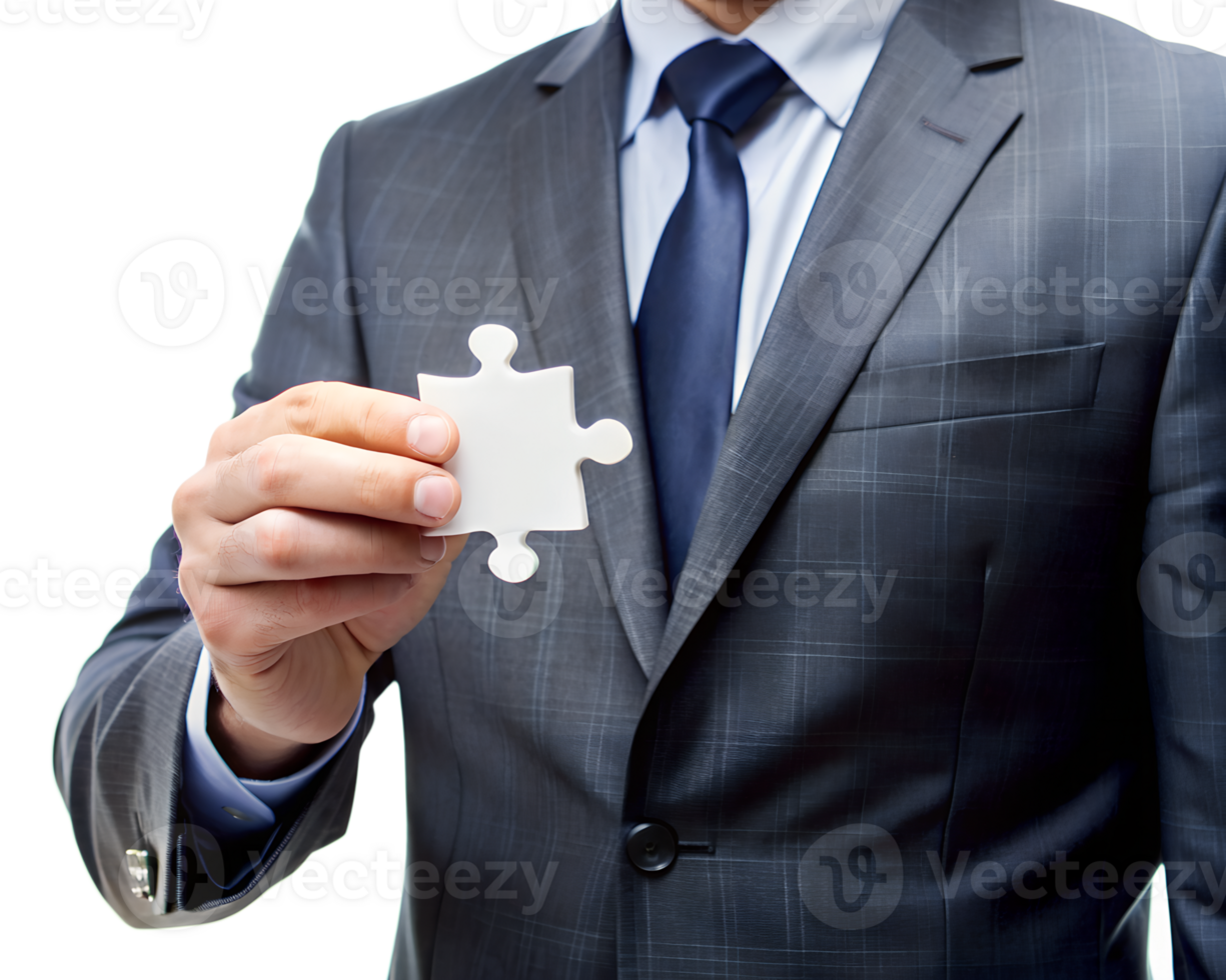 close-up man in suit, holding one puzzle. png