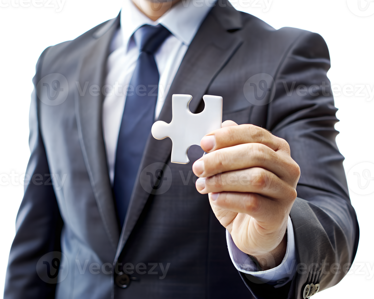 close-up man in suit, holding one puzzle. png