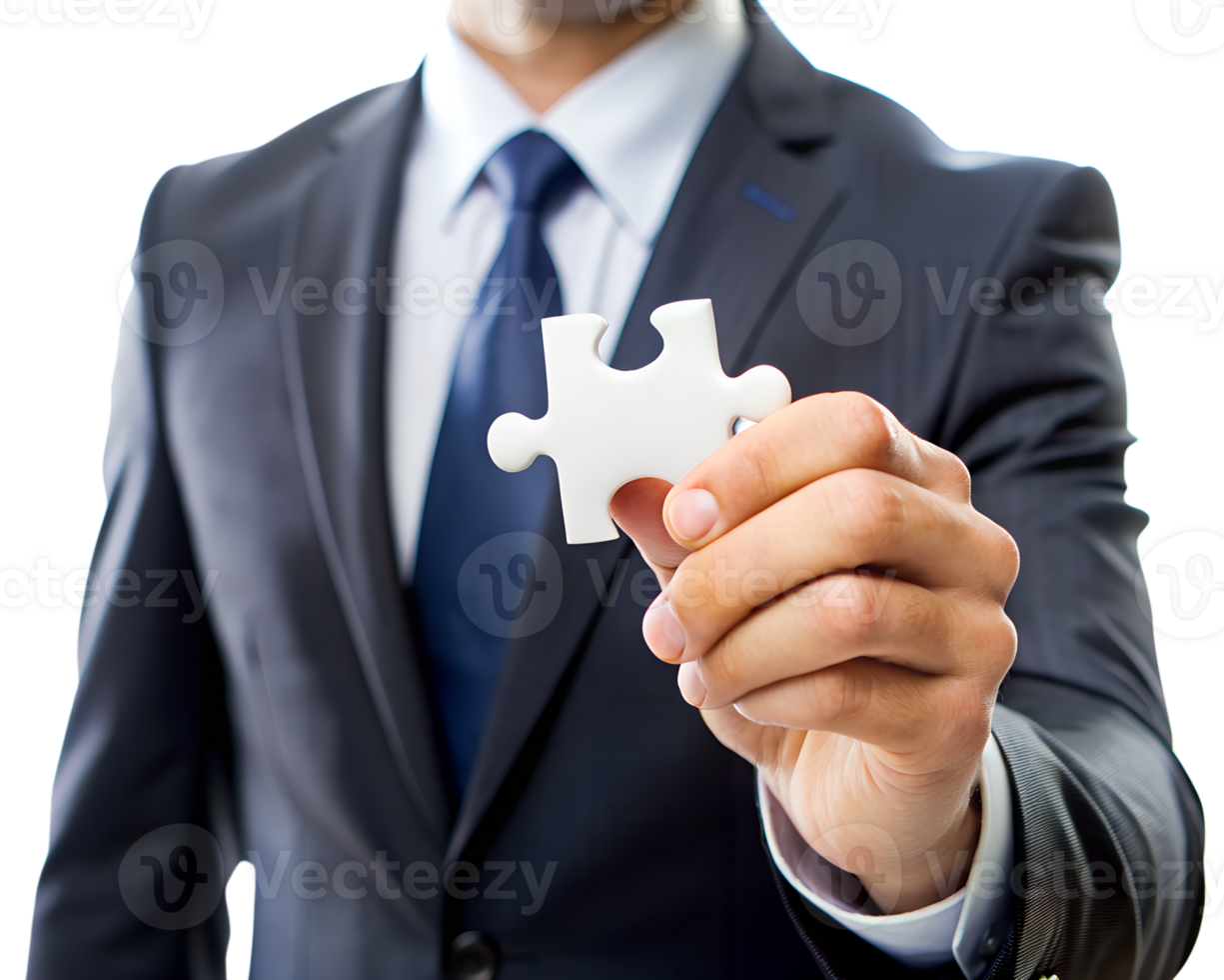 close-up man in suit, holding one puzzle. png
