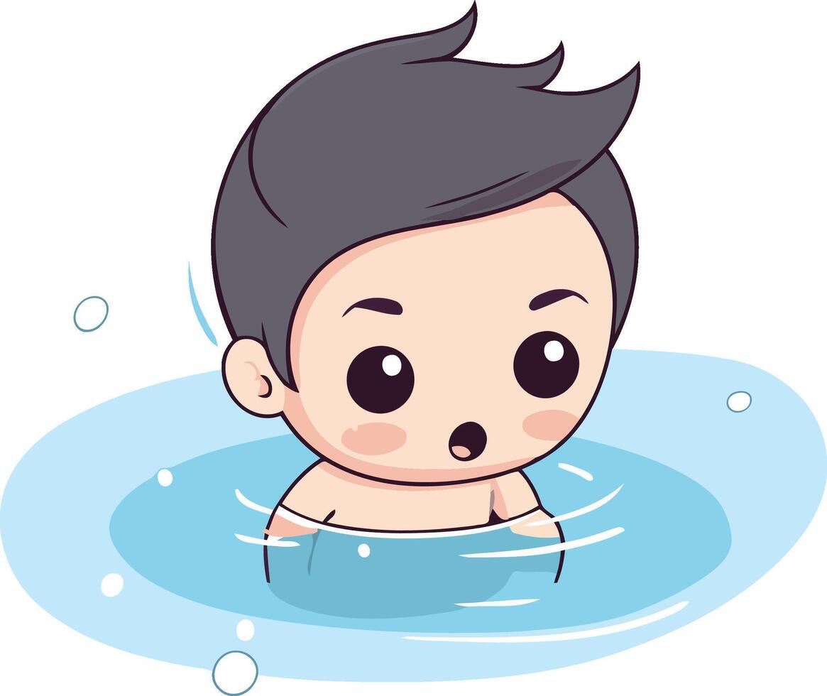 cute little boy swimming in water cartoon illustration graphic design. vector