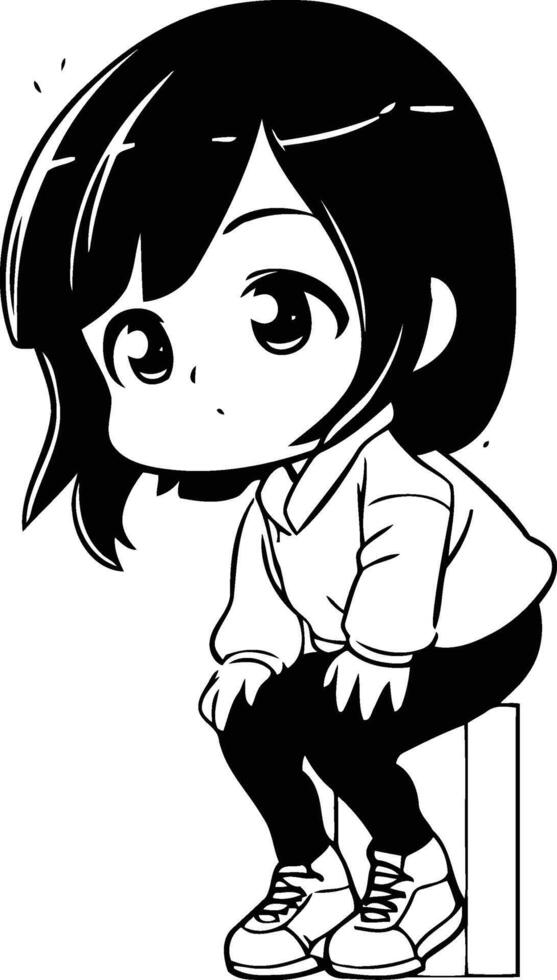 Cute little girl in casual clothes sitting on a wooden block. vector