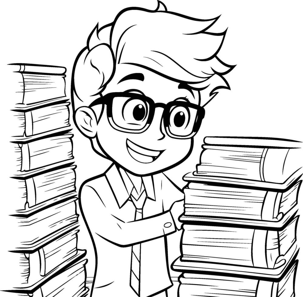 Black and White Cartoon Illustration of Teenage Boy Student Character with Books for Coloring Book vector