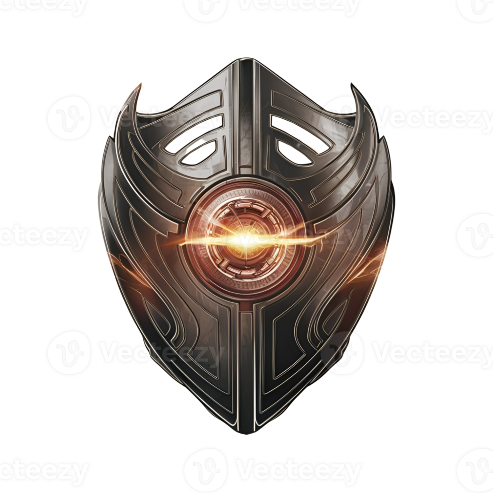 metallic shield with intricate patterns and a circular png