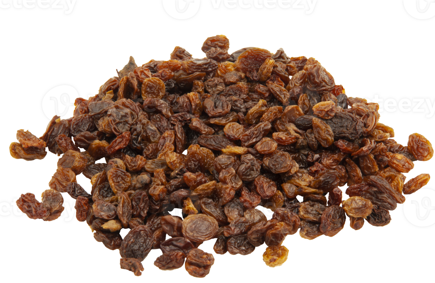A bunch of brown shriveled sultanas without background. Dried grapes. Horizontal. png