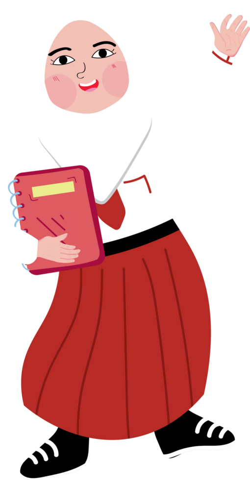 Elementary school student in red white uniform with backpack holding book png