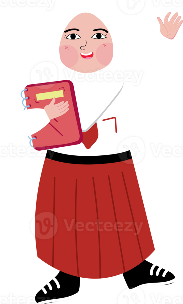 Elementary school student in red white uniform with backpack holding book png