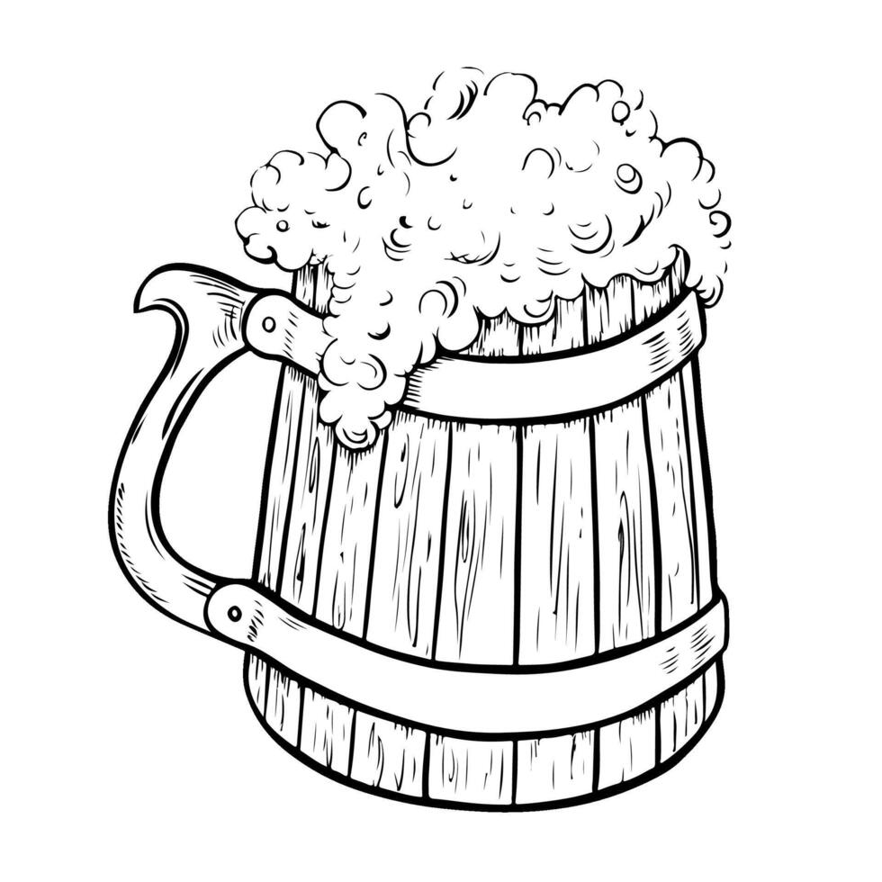 A wooden beer mug. Vintage engraving for web pages, posters, party invitations. A hand-drawn design element highlighted on a white background. For bar or restaurant menus, labels, posters, logo vector