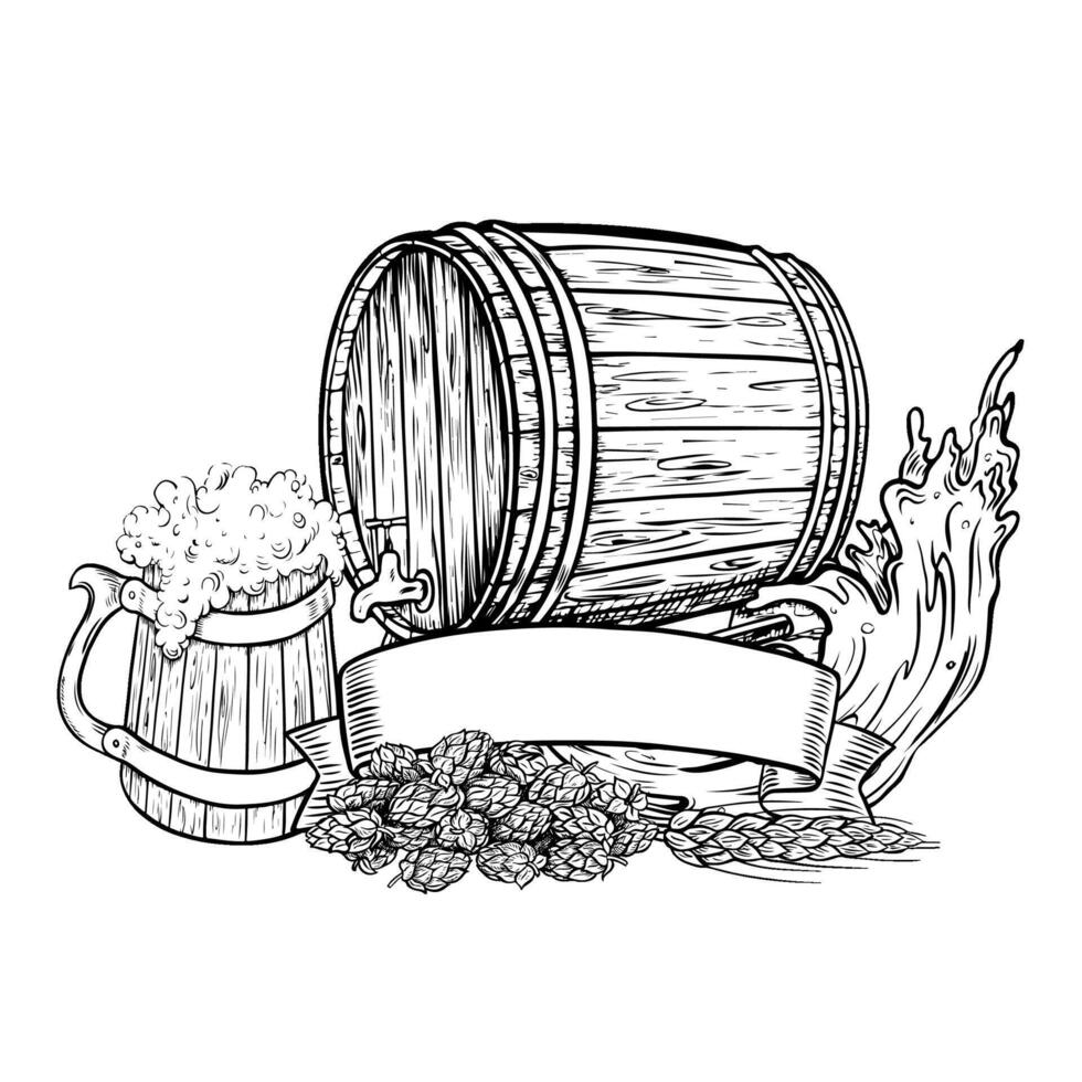 Wooden beer barrel and beer mug, hops and malt. Black and white illustration hand-drawn in the style of engraving. Label for bar or restaurant menus, labels, posters, logos. For prints, package vector
