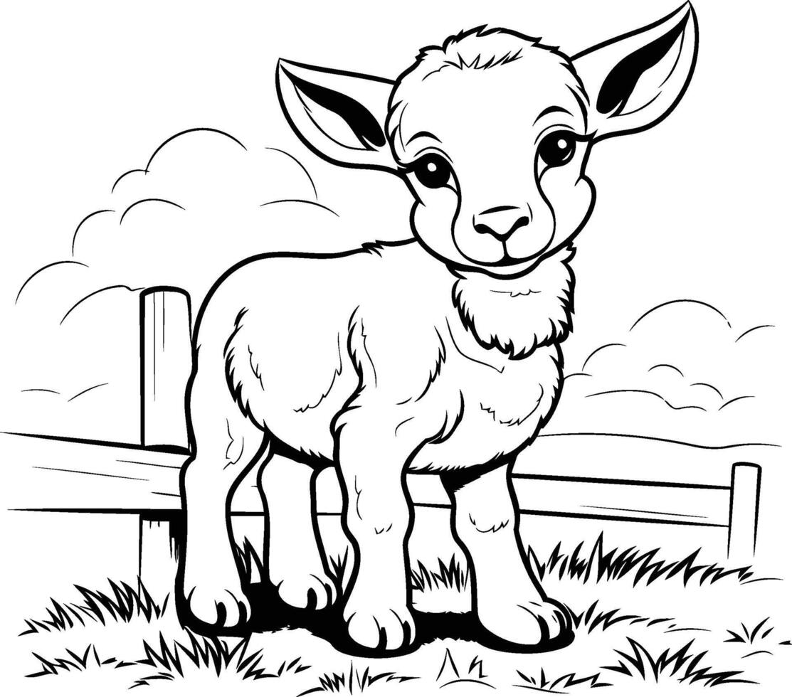 Cute little lamb standing on the farm. Black and white illustration. vector