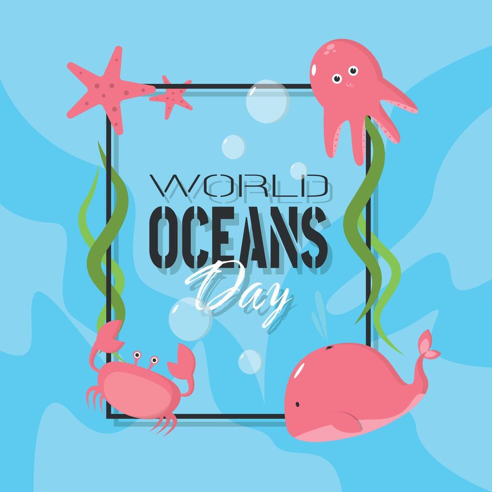 World Oceans Day poster with various kinds of sea creatures in a frame vector