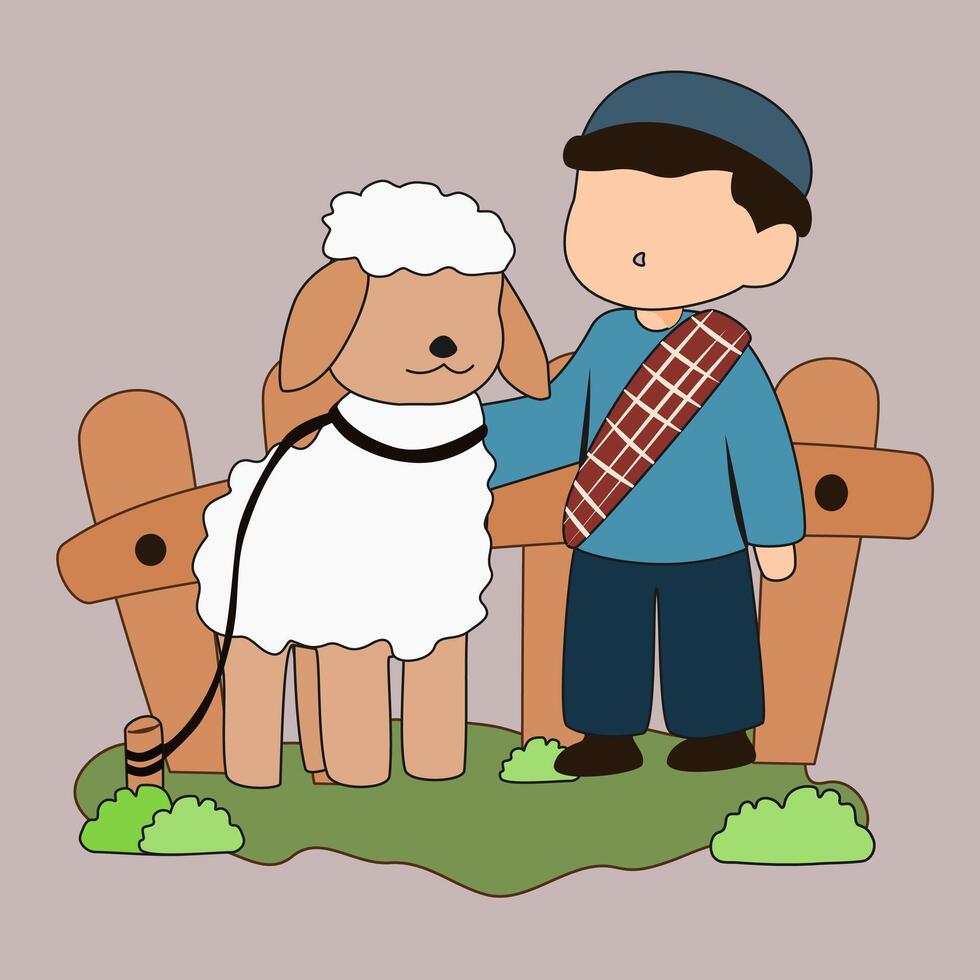 a boy with a sheep standing next to a fence vector