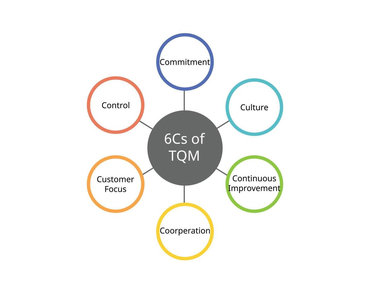 6 Cs Of TQM or Total Quality Management for Commitment, culture, customer focus, Continuous improvement, cooperation, control vector
