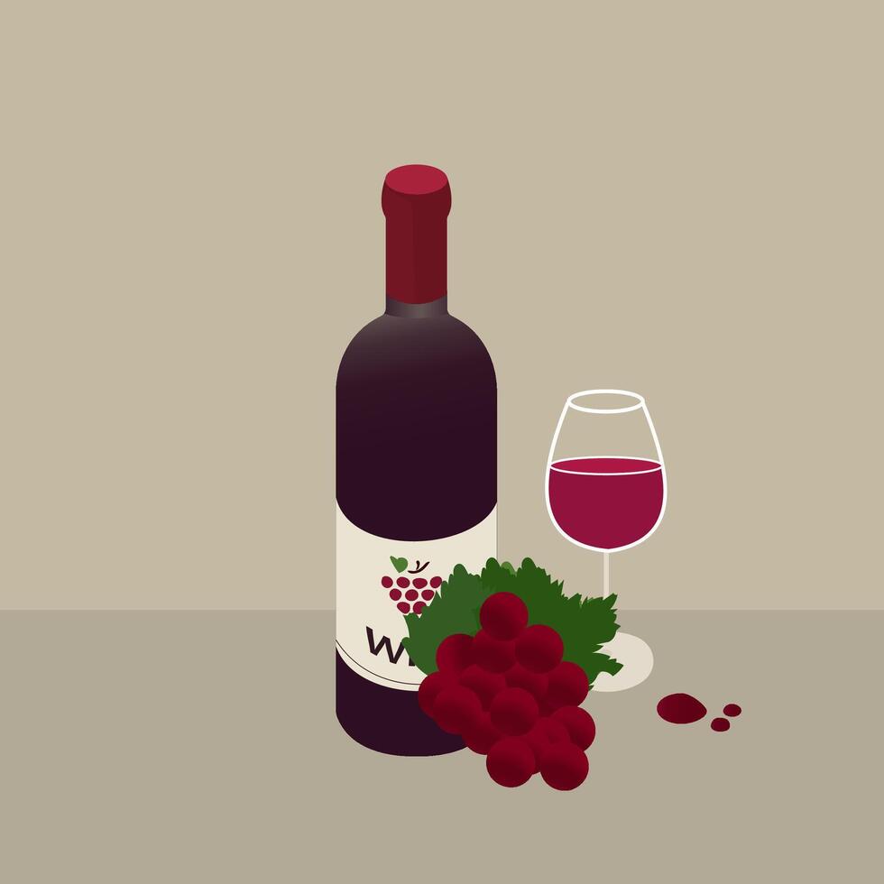 A close-up still life illustration art featuring a bottle of wine, a glass of wine, and a bunch of grapes vector