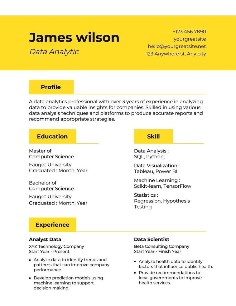 White yellow modern data analytic resume template