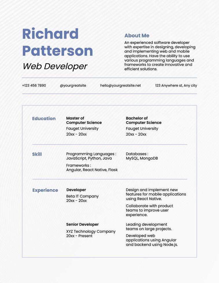 blue white minimalist web developer resume template