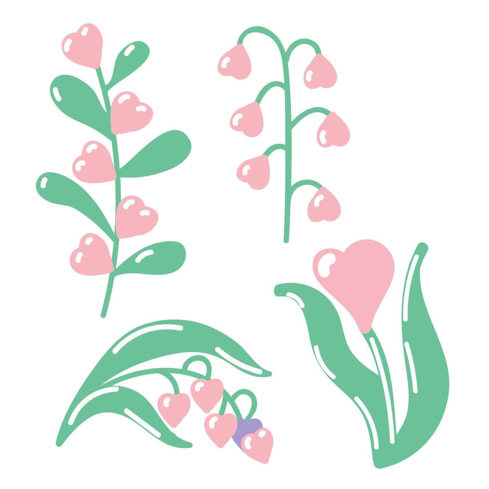 Set of plants with flowers in the shape of hearts. illustration on white background. vector