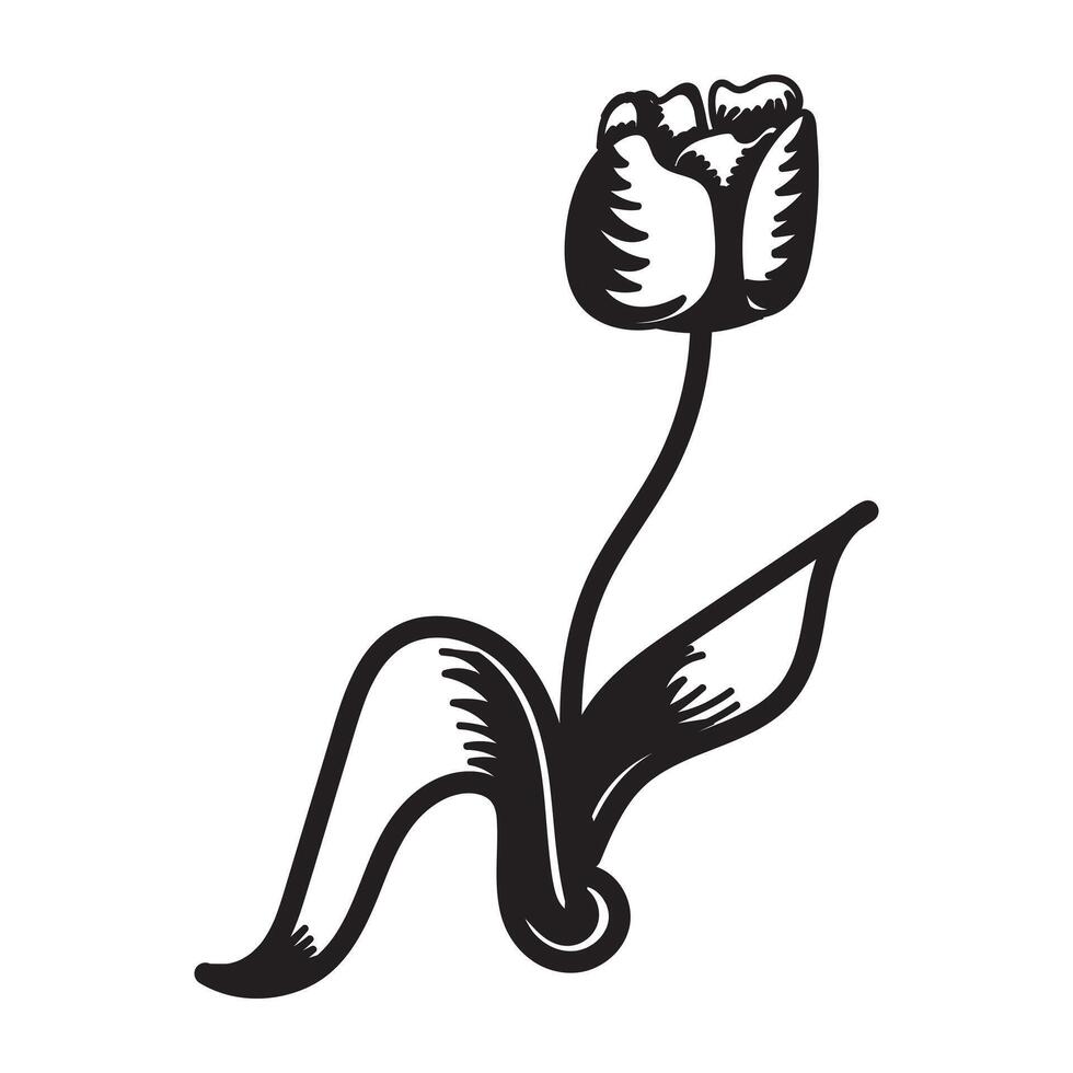 Tulip flower. Black and white silhouette of a tulip. A simple hand drawn icon. illustration on white background. vector