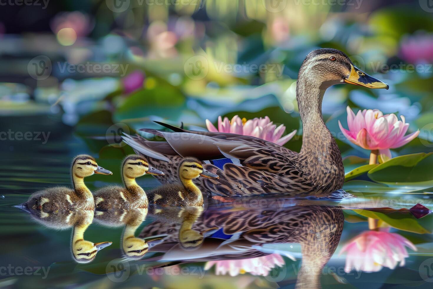 Family of ducks swimming in pond, ducklings following closely behind, charming scene of wildlife photo